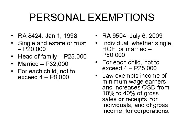 PERSONAL EXEMPTIONS • RA 8424: Jan 1, 1998 • Single and estate or trust