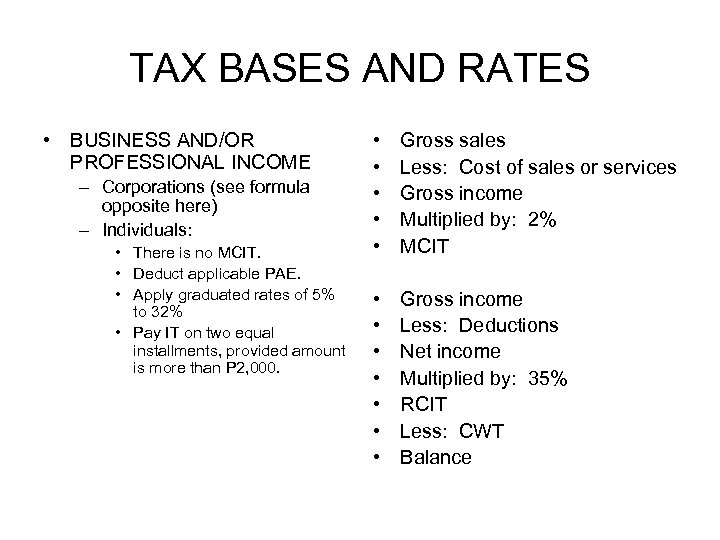 TAX BASES AND RATES • BUSINESS AND/OR PROFESSIONAL INCOME – Corporations (see formula opposite