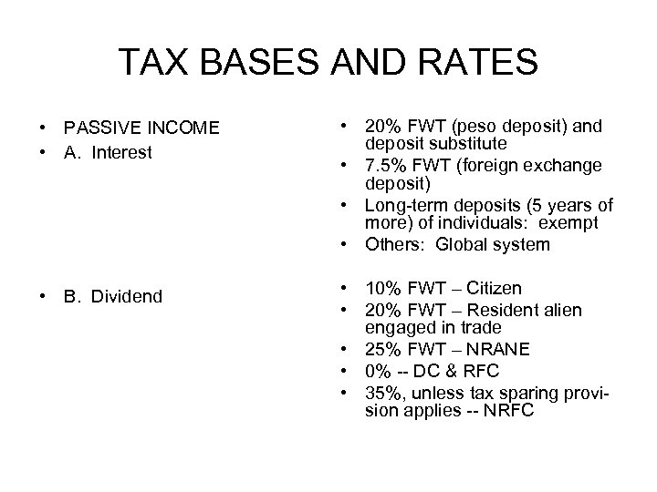 TAX BASES AND RATES • PASSIVE INCOME • A. Interest • 20% FWT (peso