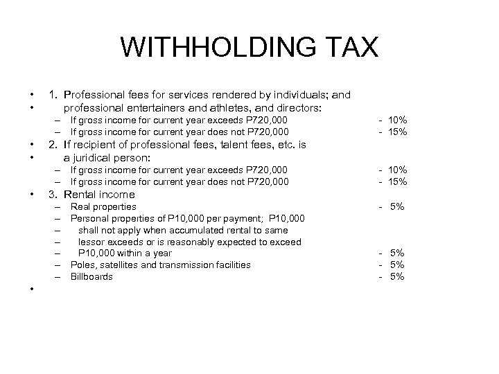 WITHHOLDING TAX • • 1. Professional fees for services rendered by individuals; and professional