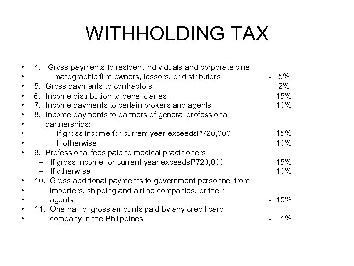 WITHHOLDING TAX • • • • 4. Gross payments to resident individuals and corporate