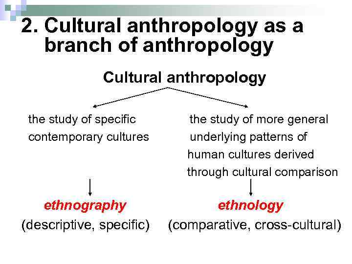 2. Cultural anthropology as a branch of anthropology Cultural anthropology the study of specific