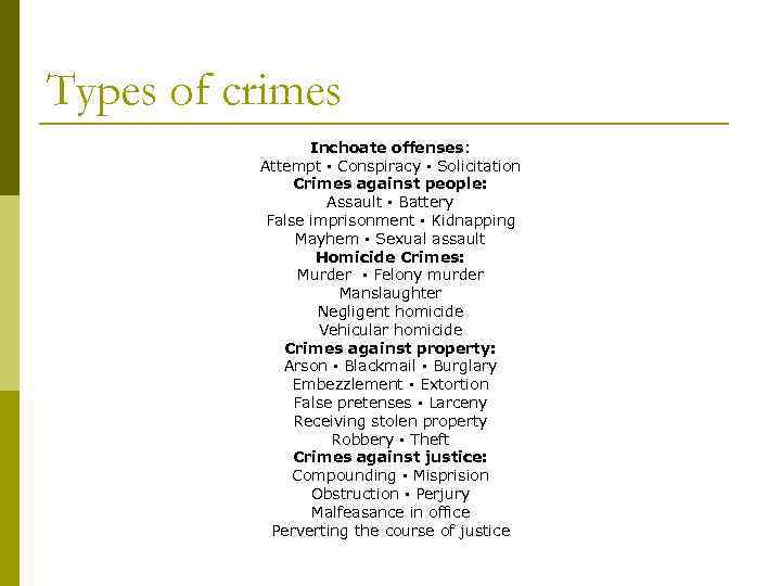 Types of crimes Inchoate offenses: Attempt · Conspiracy · Solicitation Crimes against people: Assault