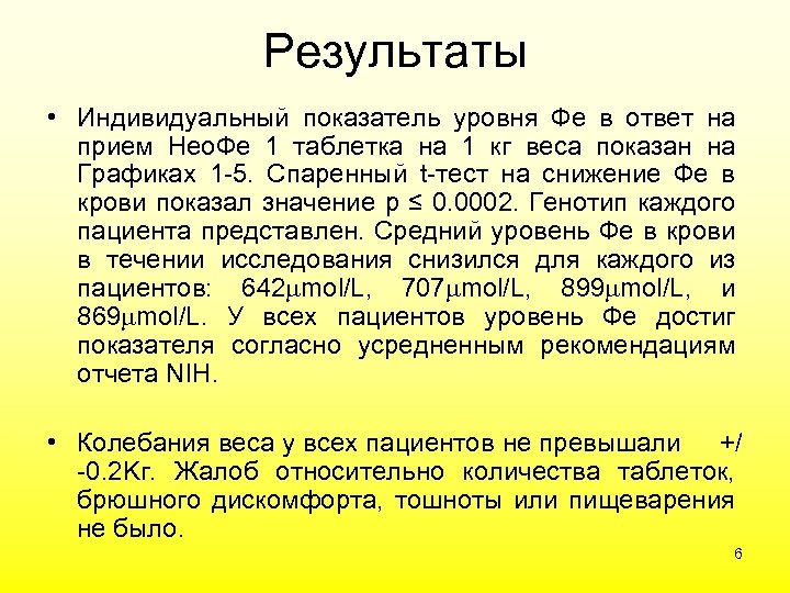 Результаты • Индивидуальный показатель уровня Фе в ответ на прием Нео. Фе 1 таблетка