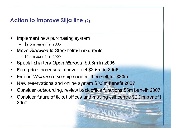 Action to improve Silja line (2) • Implement new purchasing system – $2. 5