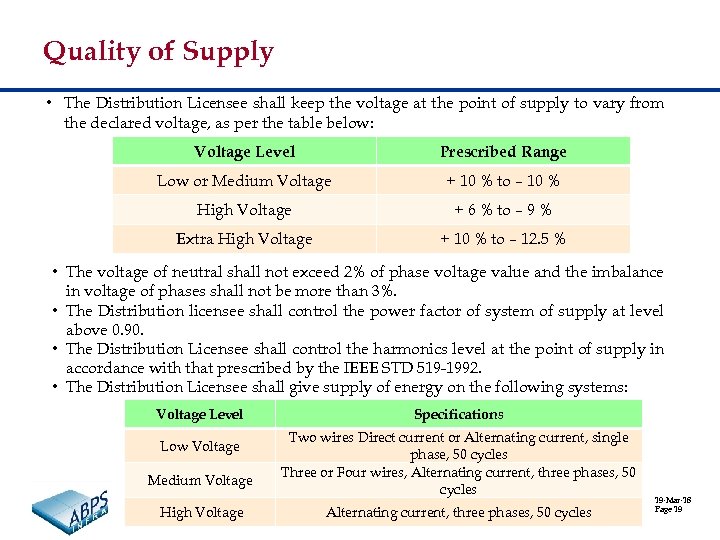 Quality of Supply • The Distribution Licensee shall keep the voltage at the point