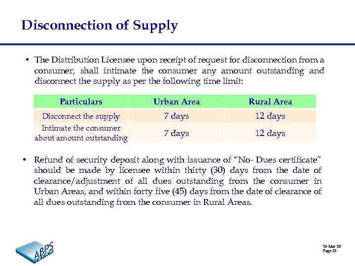 Disconnection of Supply • The Distribution Licensee upon receipt of request for disconnection from