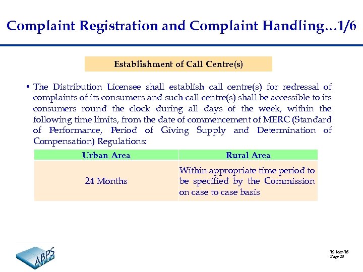 Complaint Registration and Complaint Handling… 1/6 Establishment of Call Centre(s) • The Distribution Licensee