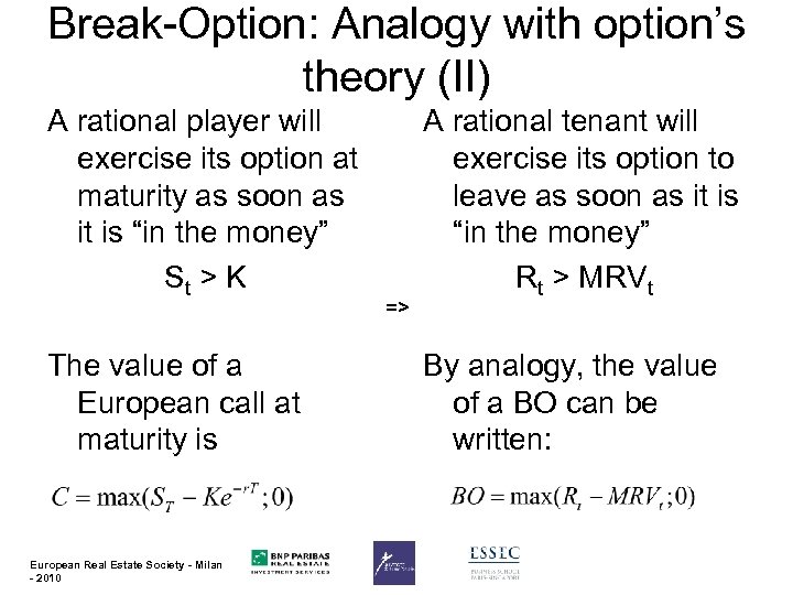 Break-Option: Analogy with option’s theory (II) A rational player will exercise its option at