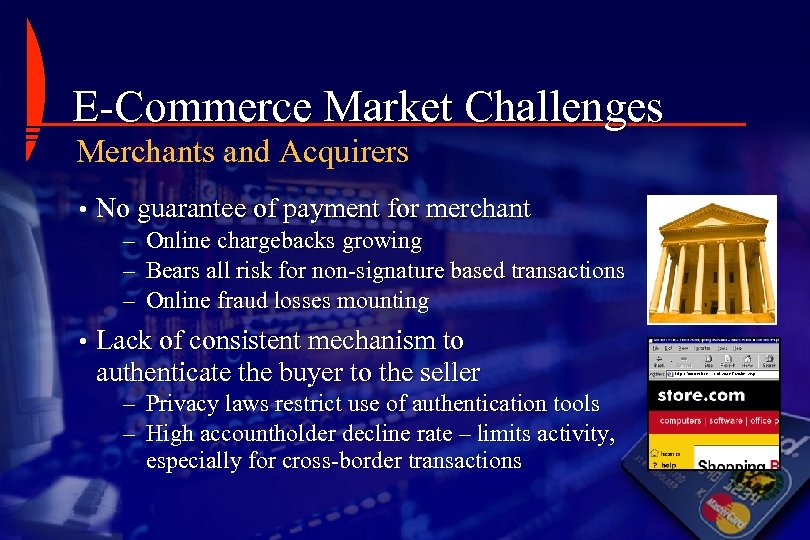 E-Commerce Market Challenges Merchants and Acquirers • No guarantee of payment for merchant –