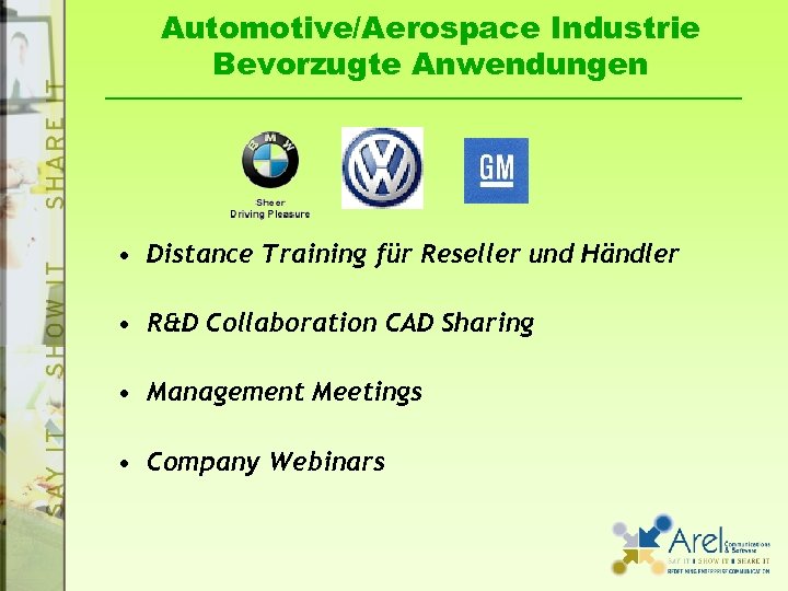 Automotive/Aerospace Industrie Bevorzugte Anwendungen • Distance Training für Reseller und Händler • R&D Collaboration