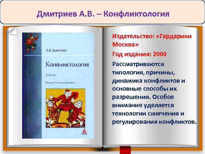Дмитриев А. В. – Конфликтология Издательство: «Гардарики Москва» Год издания: 2000 Рассматриваются типология, причины,