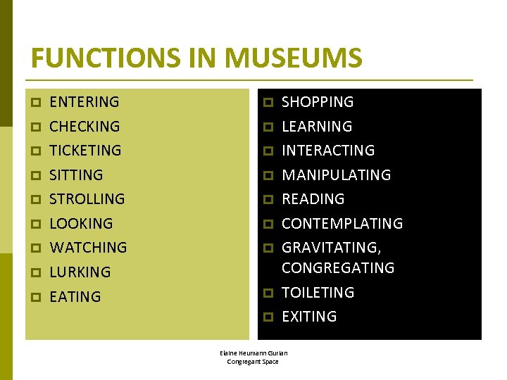 FUNCTIONS IN MUSEUMS p p p p p ENTERING CHECKING TICKETING SITTING STROLLING LOOKING
