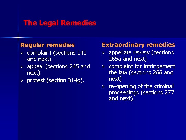 The Legal Remedies Regular remedies Ø Ø Ø complaint (sections 141 and next) appeal