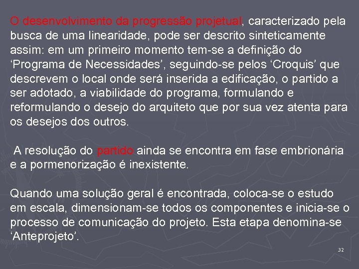 O desenvolvimento da progressão projetual, caracterizado pela busca de uma linearidade, pode ser descrito