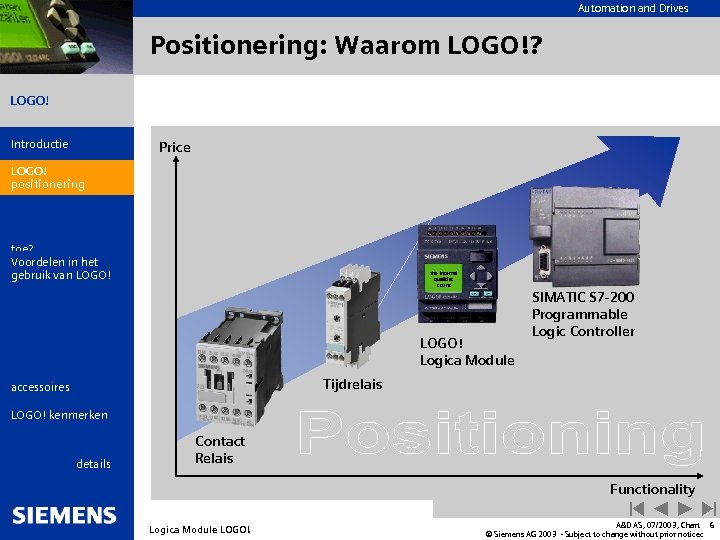 Automation and Drives Positionering: Waarom LOGO!? LOGO! Introductie Price LOGO! positionering Wat is LOGO!