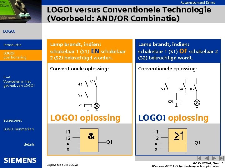 Automation and Drives LOGO! versus Conventionele Technologie (Voorbeeld: AND/OR Combinatie) LOGO! Introductie LOGO! positionering