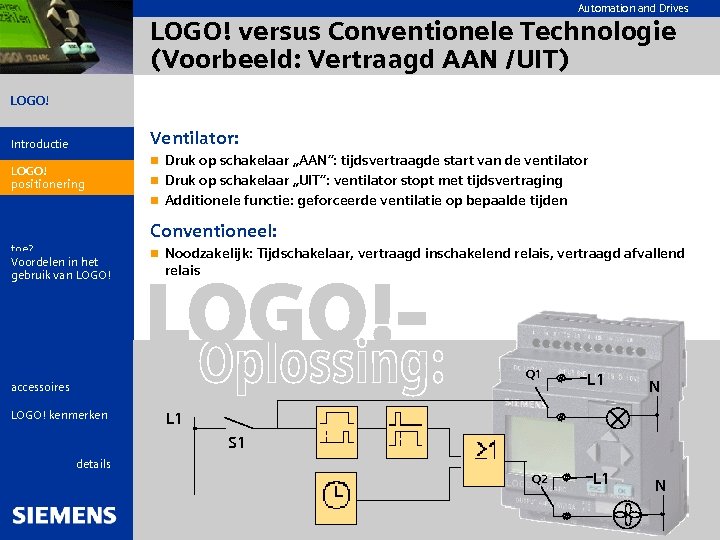 Automation and Drives LOGO! versus Conventionele Technologie (Voorbeeld: Vertraagd AAN /UIT) LOGO! Introductie LOGO!