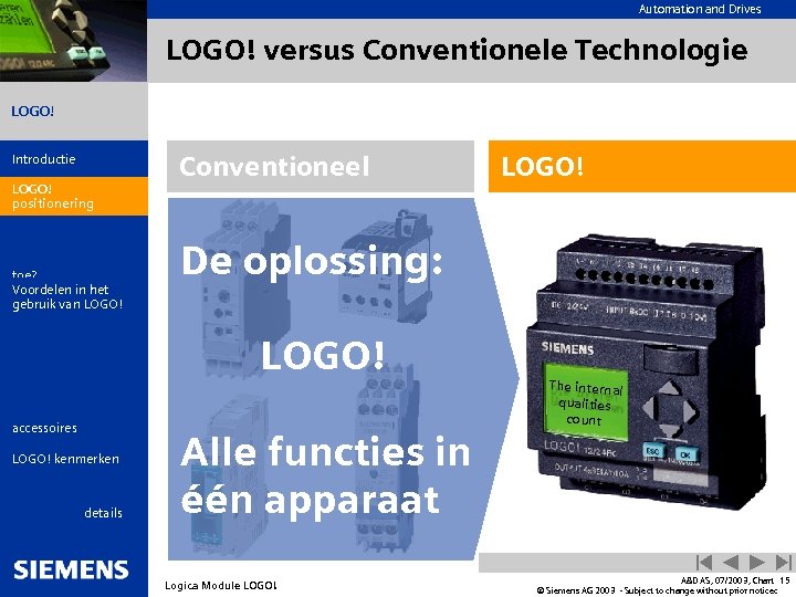 Automation and Drives LOGO! versus Conventionele Technologie LOGO! Introductie LOGO! positionering Wat is LOGO!