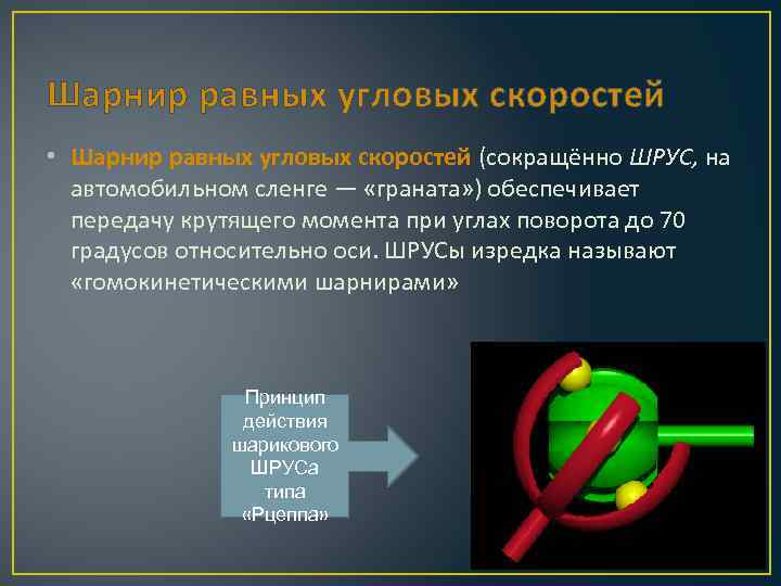 Шарнир равных угловых скоростей • Шарнир равных угловых скоростей (сокращённо ШРУС, на автомобильном сленге