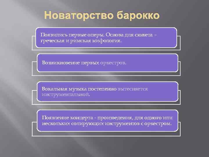 Новаторство барокко Появились первые оперы. Основа для сюжета – греческая и римская мифология. Возникновение