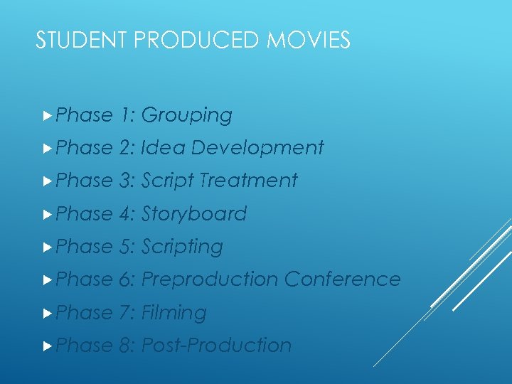 STUDENT PRODUCED MOVIES Phase 1: Grouping Phase 2: Idea Development Phase 3: Script Treatment
