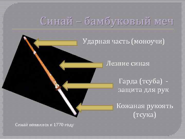 Синай – бамбуковый меч Ударная часть (моноучи) Лезвие синая Гарда (тсуба) защита для рук