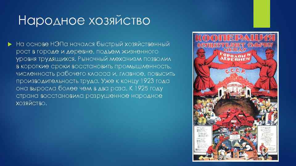 Народное хозяйство На основе НЭПа начался быстрый хозяйственный рост в городе и деревне, подъем