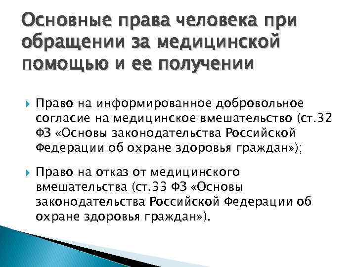 Основные права человека при обращении за медицинской помощью и ее получении Право на информированное