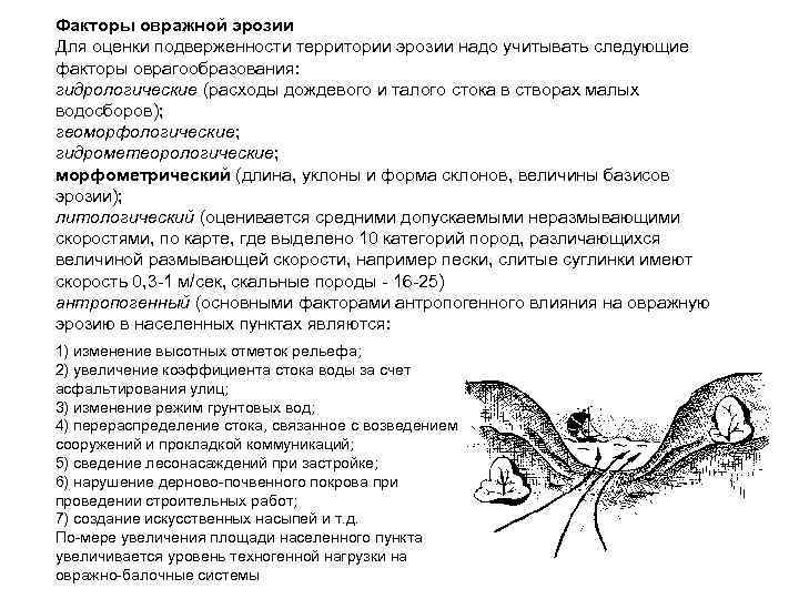 Факторы овражной эрозии Для оценки подверженности территории эрозии надо учитывать следующие факторы оврагообразования: гидрологические