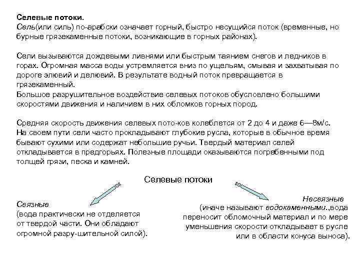 Селевые потоки. Сель(или силь) по арабски означает горный, быстро несущийся поток (временные, но бурные