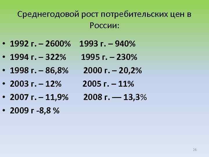 Среднегодовой рост потребительских цен в России: • • • 1992 г. – 2600% 1993