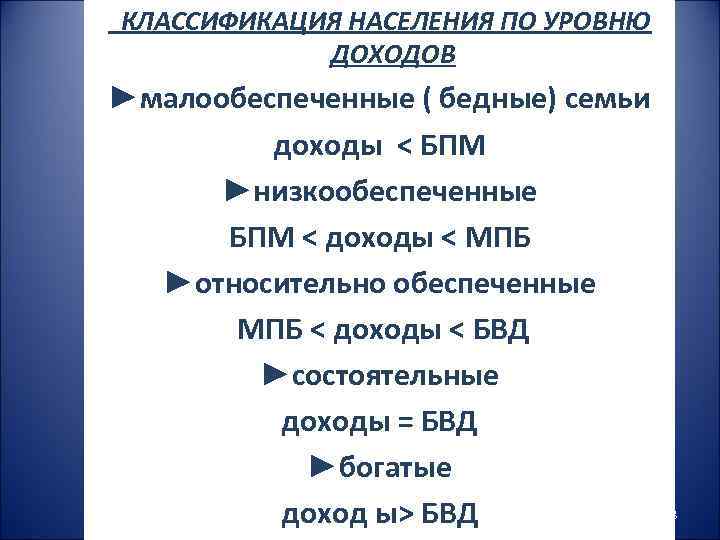 КЛАССИФИКАЦИЯ НАСЕЛЕНИЯ ПО УРОВНЮ ДОХОДОВ ►малообеспеченные ( бедные) семьи доходы < БПМ ►низкообеспеченные БПМ