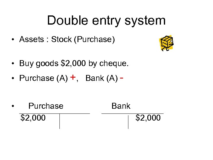 Double entry system • Assets : Stock (Purchase) • Buy goods $2, 000 by
