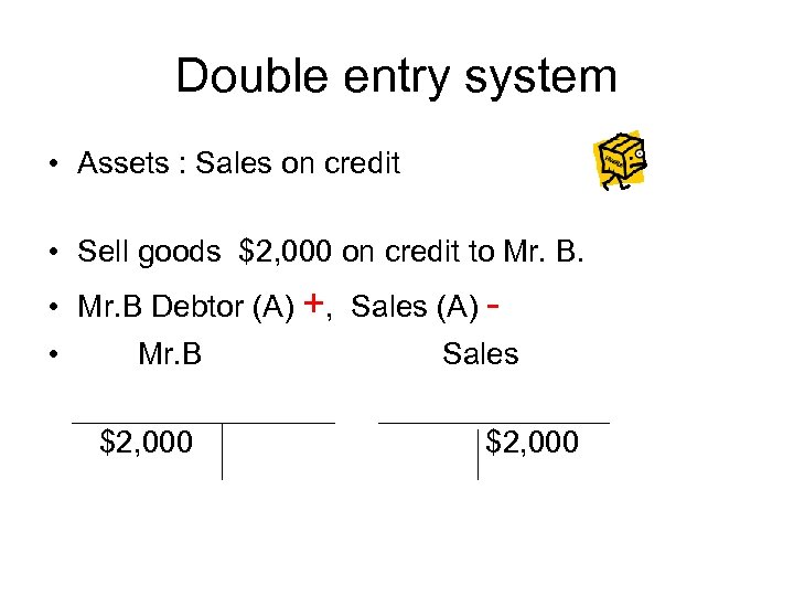 Double entry system • Assets : Sales on credit • Sell goods $2, 000