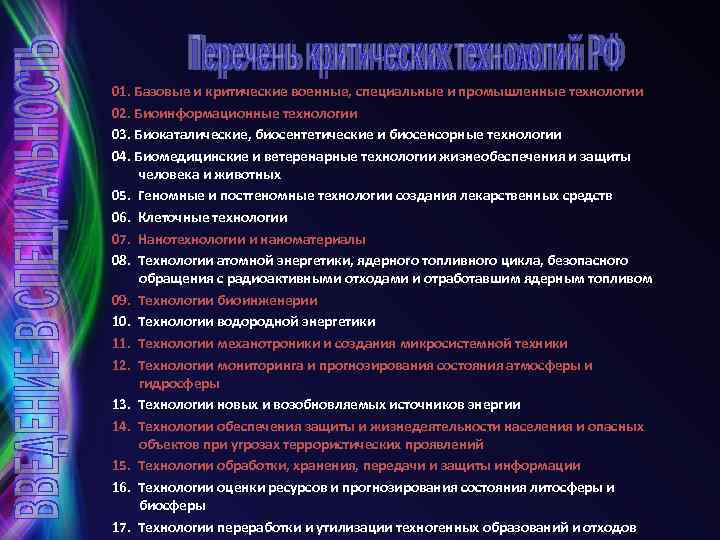 01. Базовые и критические военные, специальные и промышленные технологии 02. Биоинформационные технологии 03. Биокаталические,