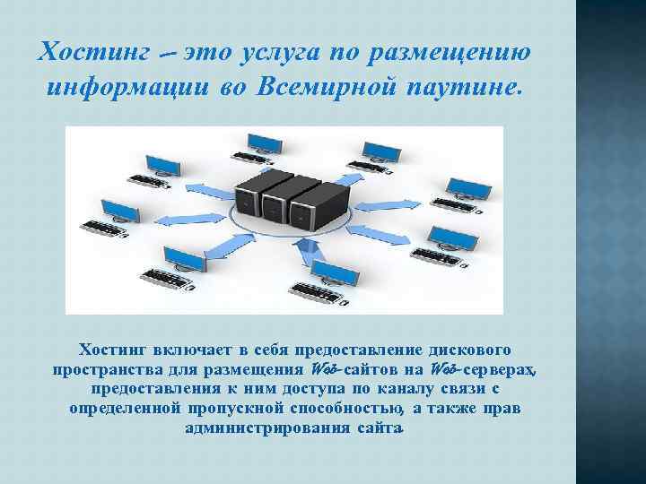 Хостинг – это услуга по размещению информации во Всемирной паутине. Хостинг включает в себя