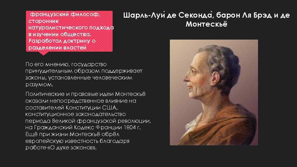 французский философ, сторонник натуралистического подхода в изучении общества. Разработал доктрину о разделении властей Шарль-Луи