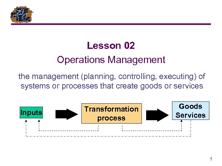 Lesson 02 Operations Management the management (planning, controlling, executing) of systems or processes that