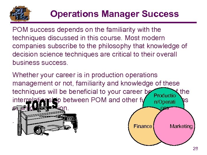 Operations Manager Success POM success depends on the familiarity with the techniques discussed in