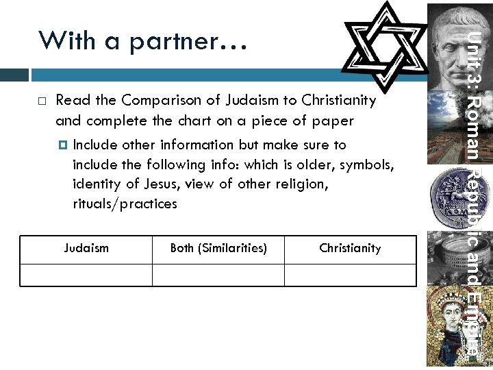  Read the Comparison of Judaism to Christianity and complete the chart on a