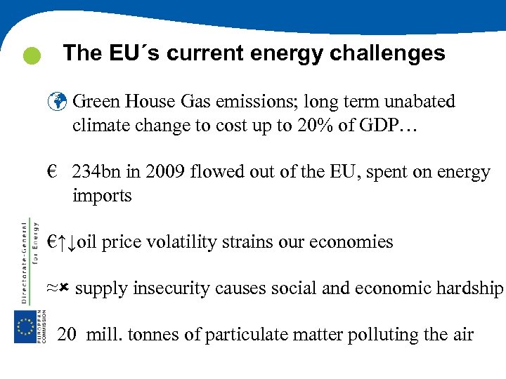  The EU´s current energy challenges ü Green House Gas emissions; long term unabated