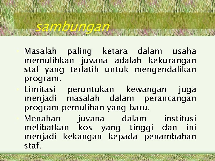 sambungan • Masalah paling ketara dalam usaha memulihkan juvana adalah kekurangan staf yang terlatih