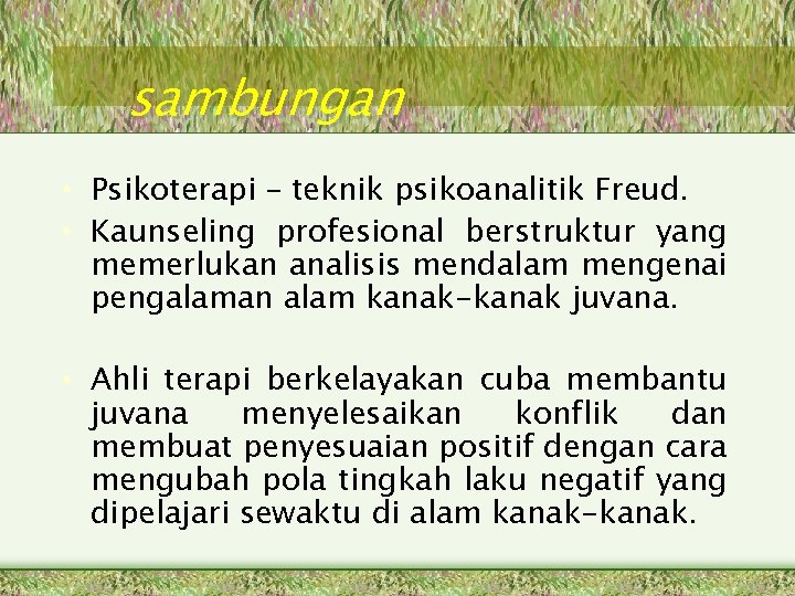 sambungan • Psikoterapi – teknik psikoanalitik Freud. • Kaunseling profesional berstruktur yang memerlukan analisis