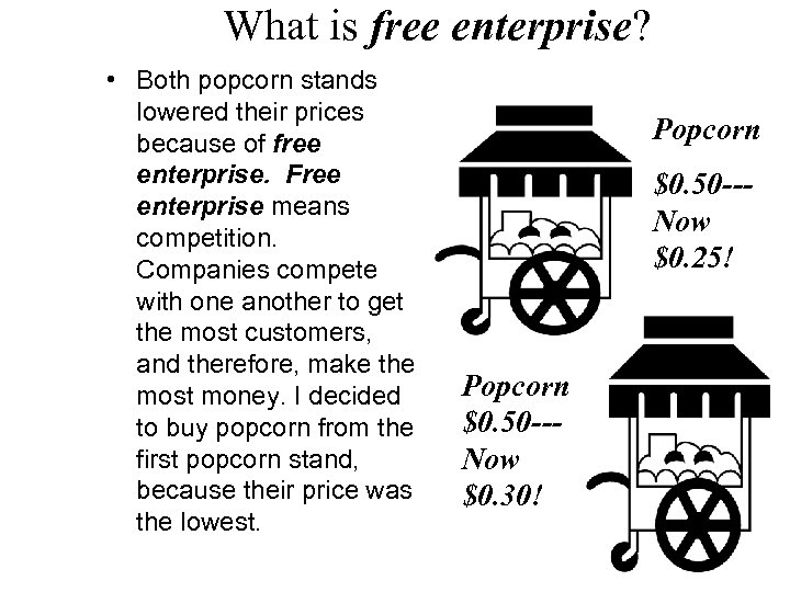 What is free enterprise? • Both popcorn stands lowered their prices because of free