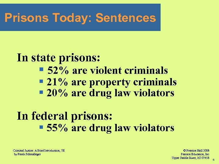Prisons Today: Sentences In state prisons: § 52% are violent criminals § 21% are