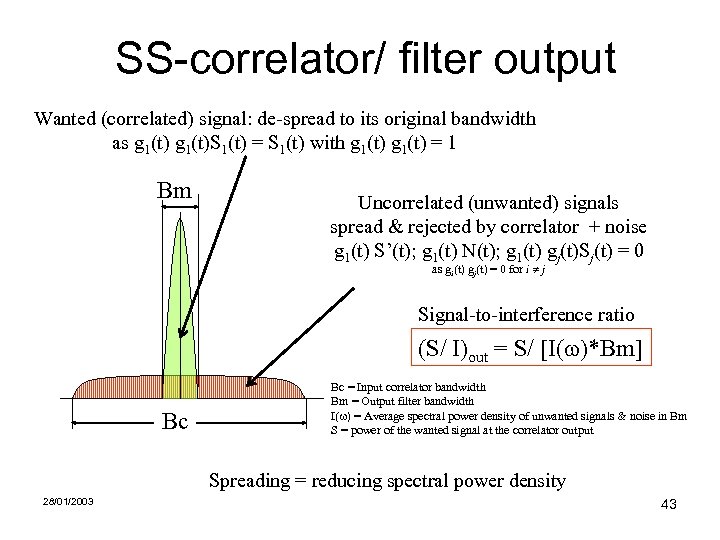 SS-correlator/ filter output Wanted (correlated) signal: de-spread to its original bandwidth as g 1(t)S