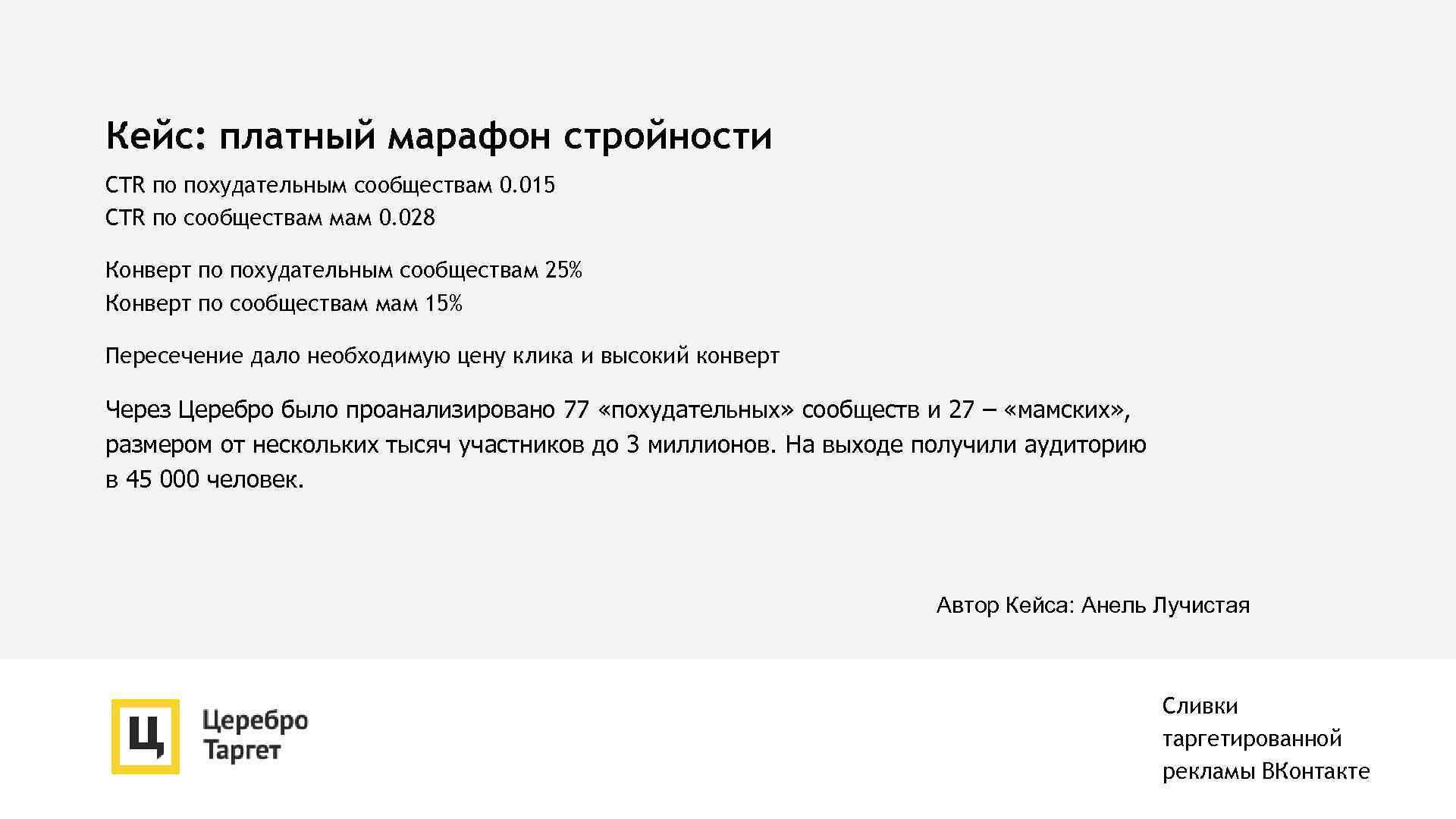 Кейс: платный марафон стройности CTR по похудательным сообществам 0. 015 CTR по сообществам мам