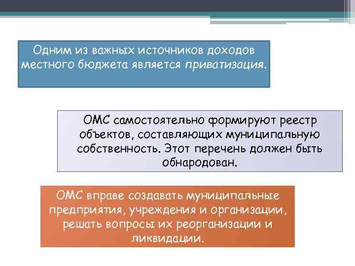 Одним из важных источников доходов местного бюджета является приватизация. ОМС самостоятельно формируют реестр объектов,