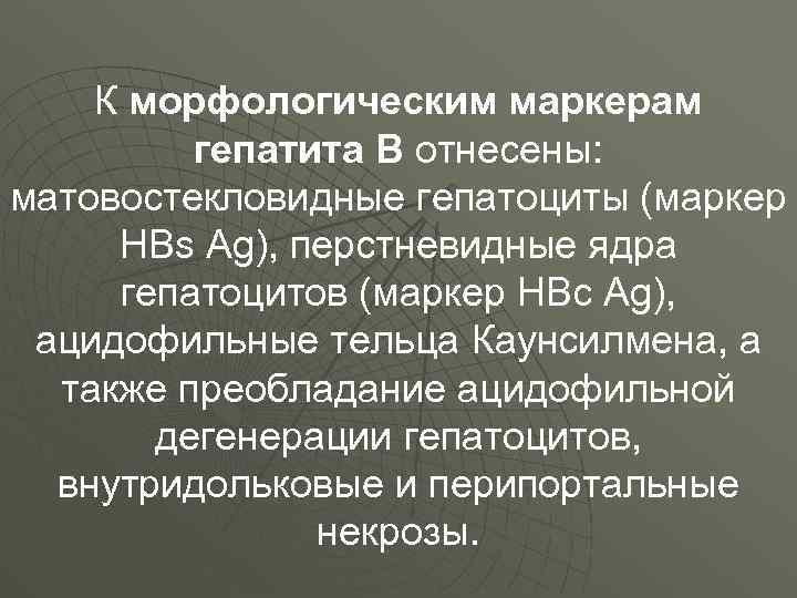 К морфологическим маркерам гепатита В отнесены: матовостекловидные гепатоциты (маркер HBs Ag), перстневидные ядра гепатоцитов